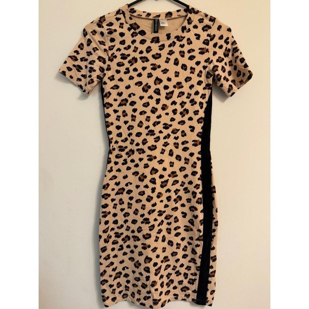 HM Divided Leopard Print Bodycon Mini Dress Tan Black Side Stripe Crew Neck S
